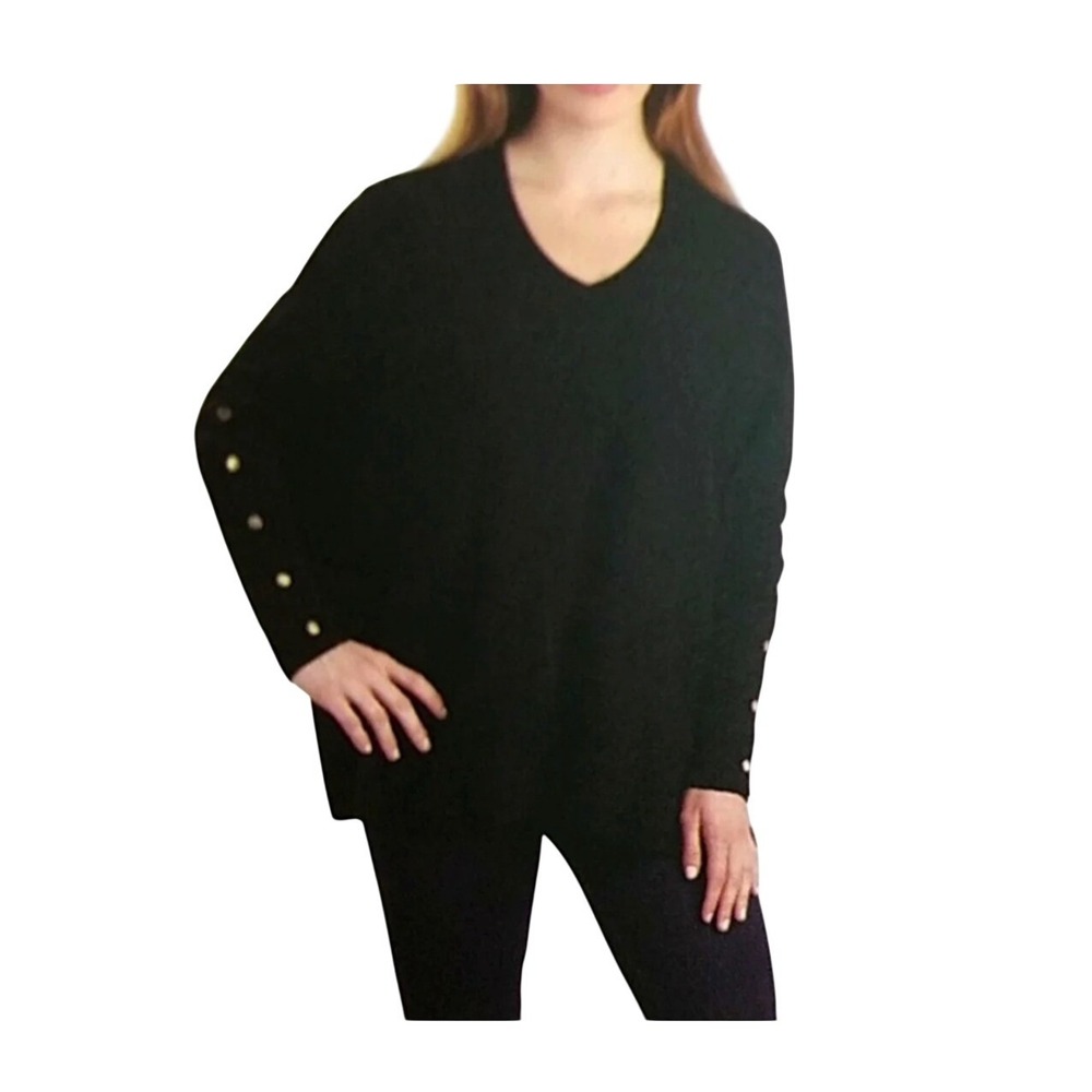 RBX Button Detail Dolman Sleeve Tunic Sweater Black Knit V-Neck‎ Long Sleeve M